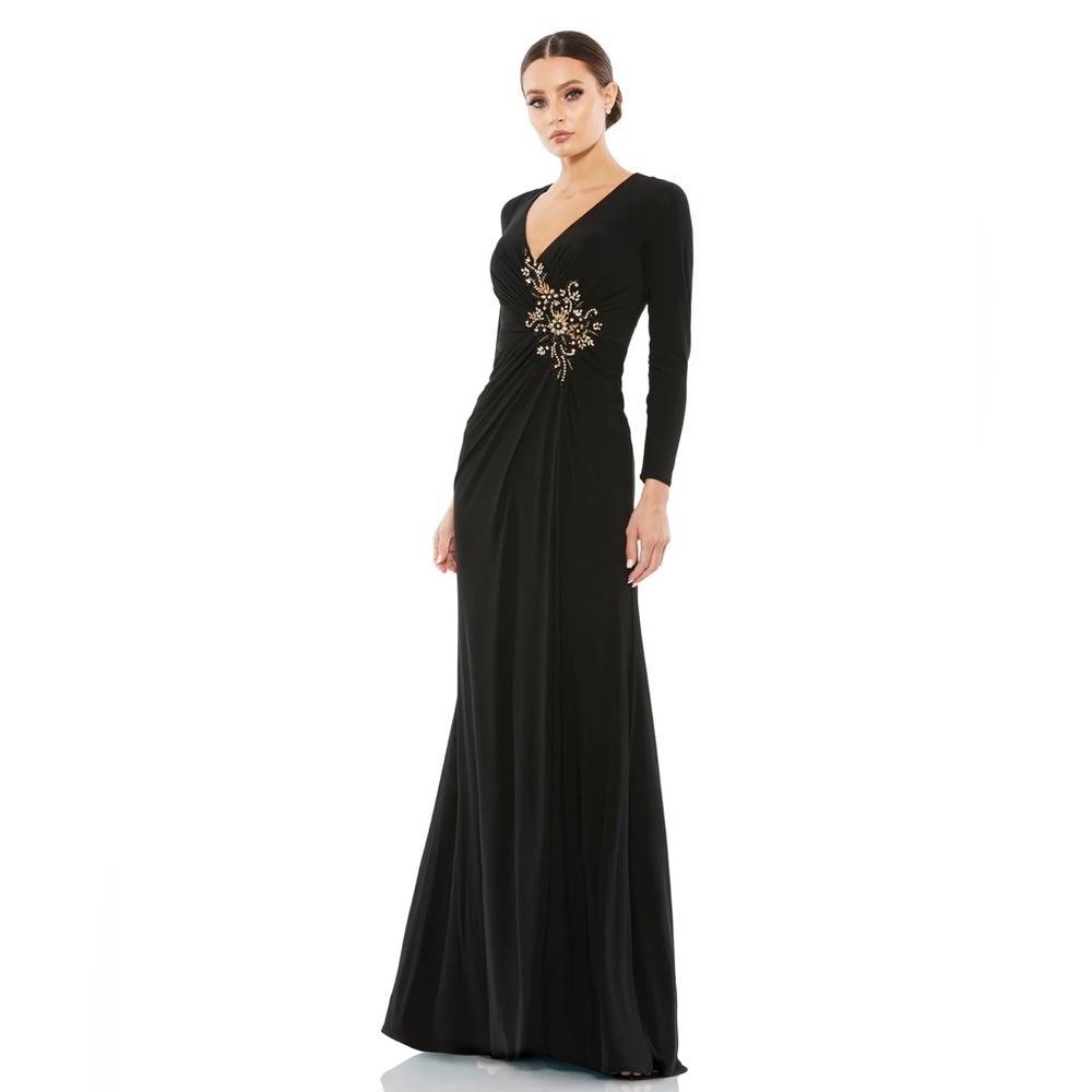 Mac Duggal 67848 FAUX WRAP LONG SLEEVE GOWN W/ APPLIQUÉ DETAIL